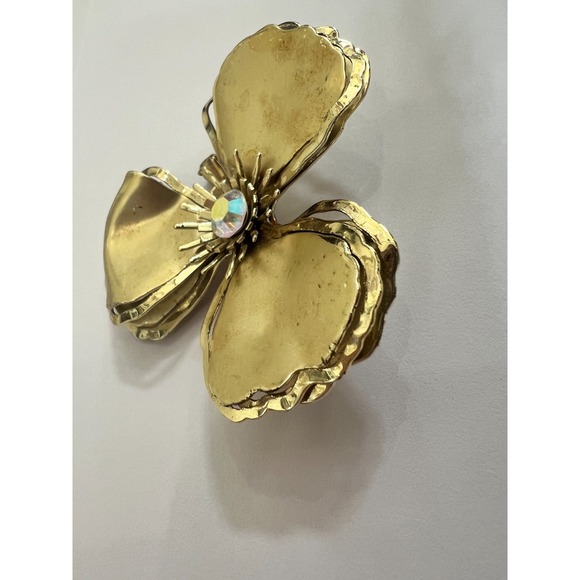 Vintage Gold Tone Sculptural Flower Brooch AB Rhinestone Mid Century Statement - Picture 4 of 12